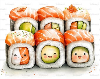Puede incluir: Ilustración en acuarela de rollos de sushi con salmón, aguacate y huevas. El sushi tiene caras sonrientes. La imagen tiene un fondo blanco y el texto "ImblusArt" se repite.