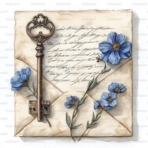 Peut inclure: Illustration à l'aquarelle d'une clé ancienne, de fleurs bleues et d'une écriture manuscrite sur une enveloppe crème. La clé est de couleur bronze avec un design orné. Les fleurs sont d'un bleu vif. Thème romantique et vintage.