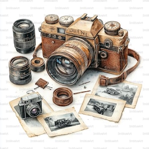 24 vintagekameror Clipart, retrofotografisamling, akvarell utskrivbar JPG, högkvalitativ 300 DPI, klippbok, skräpjournal