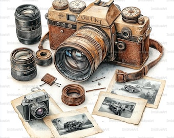 24 Vintage Cameras Clipart, Retro Photography Collection, Watercolor Printable JPG, High Quality 300 DPI, Scrapbook, Junk Journal