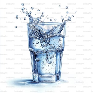 Puede incluir: Un vaso transparente lleno de agua, con un chorro de agua que sale de la parte superior. El agua está llena de burbujas y las gotas están suspendidas en el aire. El vaso tiene forma rectangular y está sobre un fondo blanco.