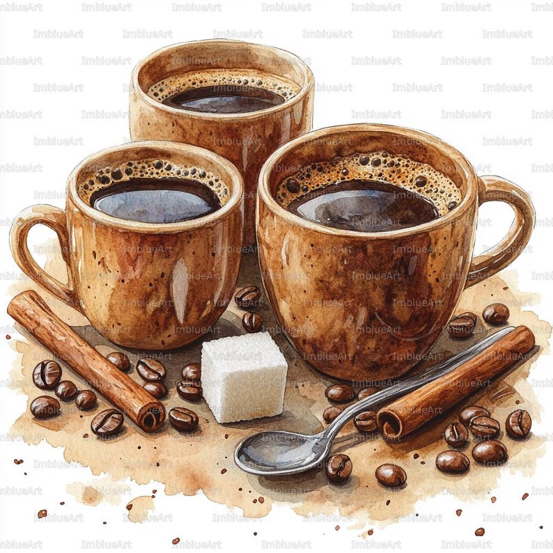May include: Watercolor illustration of three brown coffee mugs filled with dark coffee. Cinnamon sticks, coffee beans, a sugar cube, and a spoon are arranged around the mugs. The image has a warm, inviting feel.