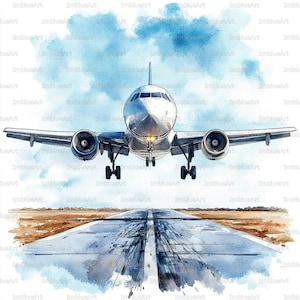 Op de afbeelding: Waterverfschilderij van een commercieel vliegtuig dat landt op een landingsbaan. Het vliegtuig is zilverkleurig met het landingsgestel uit. De lucht is blauw met aquarel wolken. De landingsbaan is grijs en bruin.