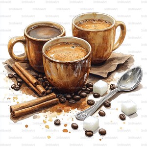 May include: Watercolor illustration of three brown coffee mugs filled with coffee, accompanied by cinnamon sticks, coffee beans, sugar cubes, and a silver spoon. The image has a warm, inviting aesthetic.
