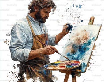 24 アーティスト クリップアート、イーゼルで絵を描く画家 アートスタジオのシーン、水彩画印刷可能 JPG 300 DPI、スクラップブック、ジャンクジャーナル