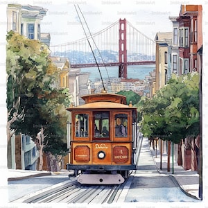 May include: Watercolour painting of a San Francisco cable car climbing a steep street. The Golden Gate Bridge is visible in the background. The cable car is orange with passengers inside. The scene is framed by colourful buildings and trees.