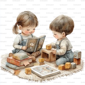 Puede incluir: Ilustración en acuarela de dos niños jugando con libros y bloques de madera. Uno lee un libro con un oso de peluche en la portada, mientras que el otro juega con bloques. La escena se desarrolla sobre una alfombra suave y estampada.