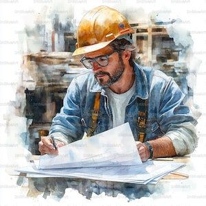 Puede incluir: Ilustración en acuarela de un trabajador de la construcción con casco amarillo, gafas y chaqueta vaquera. El trabajador revisa planos, con un bolígrafo en la mano, en una obra. La imagen tiene un estilo artístico suave.