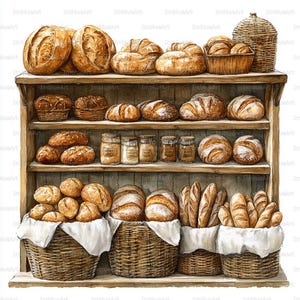 May include: Watercolor illustration of a wooden bakery shelf filled with various types of bread. Baskets of bread are on the bottom shelf. Jars of spices are on the middle shelf. The bread is golden brown and the shelf is made of wood.