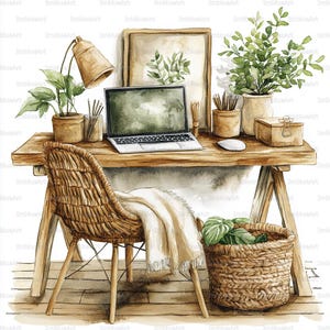 Op de afbeelding: Waterverfillustratie van een thuiskantoor. Een houten bureau met een laptop, planten en schrijfwaren. Een rieten stoel en een mand met planten op de voorgrond. Een botanische print met lijst aan de muur.
