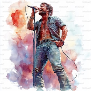 May include: A watercolour illustration of a male singer performing on stage. He wears a denim shirt, jeans, and a necklace, holding a microphone. The background features colourful watercolour washes in red, orange, and blue.