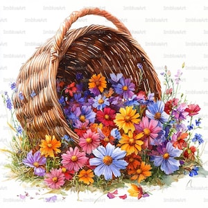 Op de afbeelding: Een aquarel schilderij van een geweven mand vol kleurrijke bloemen. De bloemen zijn in tinten rood, oranje, geel, roze, paars en blauw. De mand is bruin en heeft een handvat.