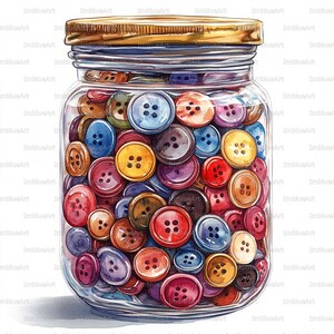 24-knappsburk Clipart, sybehörsamling, akvarell utskrivbar JPG 300 DPI, klippbok, skräpjournal