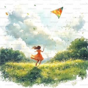 以下が含まれることがあります： 水彩画。草地を走る人物が凧を持っています。凧はオレンジ、緑、黄色です。人物はオレンジ色のドレスを着ています。空は白い雲のある青色で、背景には木があります。