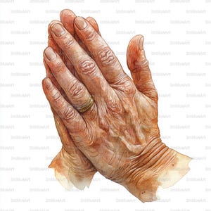 Puede incluir: Ilustración en acuarela de dos manos juntas en oración. Las manos están detalladas con arrugas y un anillo de oro en un dedo. La imagen tiene una paleta de colores suave y cálida.