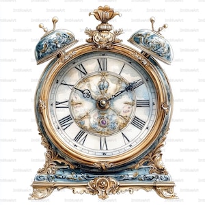 Puede incluir: Un reloj despertador ornamentado, estilo acuarela, con marco dorado y base azul claro. La esfera del reloj presenta números romanos y delicados detalles florales. El reloj tiene dos campanas y detalles decorativos.