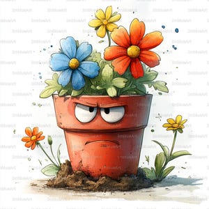 May include: A whimsical illustration of a terracotta flower pot with an angry face, filled with colorful flowers. The flowers include blue, orange, and yellow blooms. The pot sits on a small pile of soil, with additional flowers growing around it.