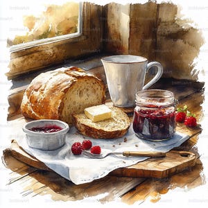 Könnte beinhalten: Aquarellillustration einer Frühstücksszene. Ein Brotlaib, eine Scheibe mit Butter, eine kleine Schüssel Marmelade und ein Marmeladenglas befinden sich auf einem Holzschneidebrett. Eine weiße Tasse und frische Himbeeren vervollständigen das Arrangement.