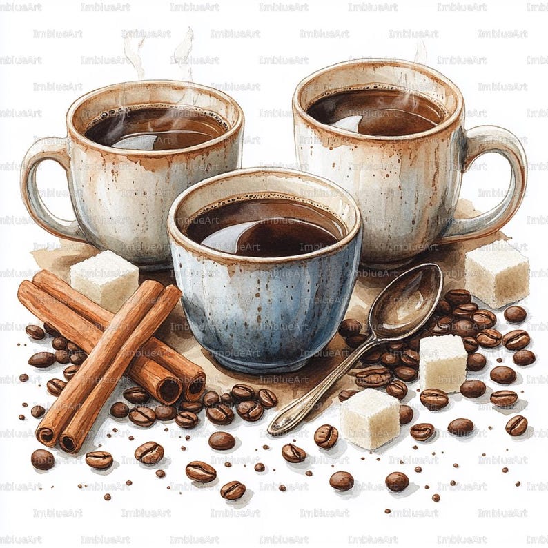 May include: Watercolor illustration of three coffee cups, a small bowl, and a spoon. Cinnamon sticks, sugar cubes, and coffee beans are scattered around the cups. The cups are filled with steaming coffee.
