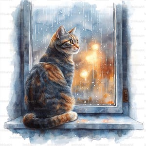 Puede incluir: Acuarela de un gato atigrado sentado en un alféizar, mirando una escena lluviosa. El gato tiene pelaje marrón y gris. La ventana muestra lluvia y luces borrosas en el fondo. La obra tiene un estilo artístico suave.