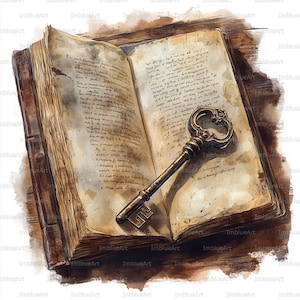 Peut inclure: Un livre ancien ouvert avec des pages jaunies et manuscrites. Une clé en bronze ornée et détaillée repose sur les pages. Le livre et la clé sont posés sur une surface en bois, créant une esthétique vintage.