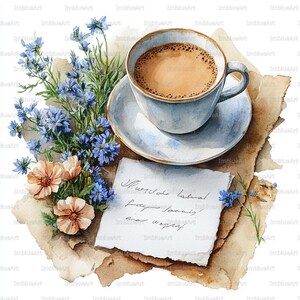 24 kaffelappar Clipart, kopp med brev och blommor Mysig personlig stund, akvarell utskrivbar JPG 300 DPI, klippbok, skräpjournal