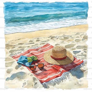 Op de afbeelding: Waterverfschilderij van een strandscène met een rood-wit gestreepte handdoek, strohoed, zonnebril en een blauw zakje. De oceaangolven en het zandstrand zijn op de achtergrond. Een ontspannende zomerse scène.