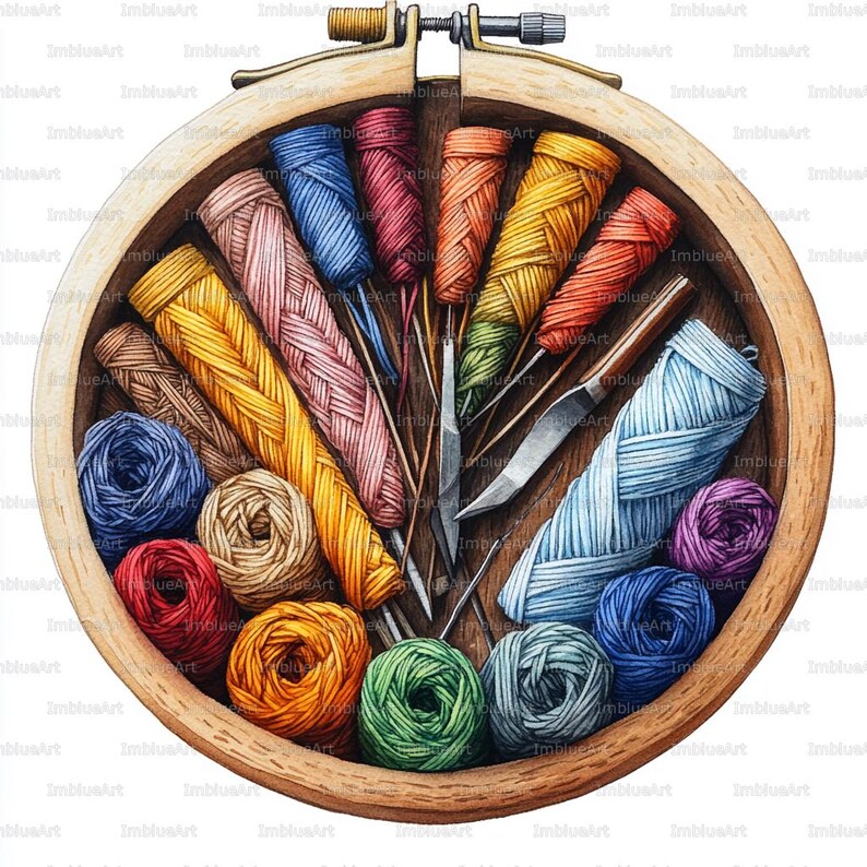 Thread Hoop 24 Embroidery Supplies Clipart, Thread & Hoop Set, Watercolor Printable ...