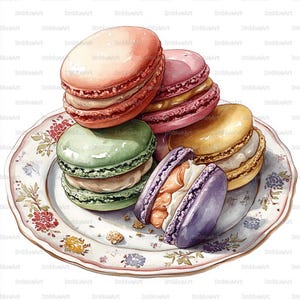 Peut inclure: Illustration à l'aquarelle de macarons colorés sur une assiette à décor floral. Les macarons sont dans les tons de rose, vert, jaune et violet, avec différentes garnitures. L'assiette a un design vintage délicat, avec des motifs floraux.