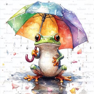 Puede incluir: Ilustración en acuarela de una rana bajo un paraguas arcoíris. La rana tiene grandes ojos rojos y está sentada en un charco. El paraguas es multicolor, con tonos de naranja, amarillo, verde, azul y morado. Gotas de lluvia y pétalos esparcidos.