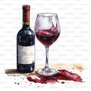 Pode incluir: Ilustração em aquarela de uma garrafa de vinho e um copo de vinho tinto. O copo tem um respingo de vinho e há manchas de vinho na superfície. A garrafa tem um rótulo em branco.