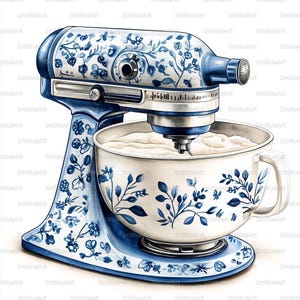 Puede incluir: Una batidora de pie azul y blanca con un diseño floral. La batidora tiene un cuenco grande lleno de una sustancia blanca y un asa. La batidora está decorada con patrones florales azules y sobre un fondo blanco.