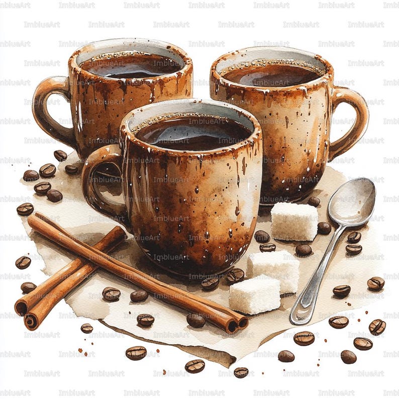 May include: Watercolor illustration of three brown ceramic mugs filled with coffee. Cinnamon sticks, coffee beans, sugar cubes, and a spoon are arranged around the mugs on a parchment paper.