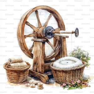 May include: A watercolour illustration depicts a wooden spinning wheel, baskets of yarn, and small wooden spools. The spinning wheel has a large wheel and a spindle. The baskets contain rolls of yarn and a pile of white fibre. The image has a rustic, vintage feel.