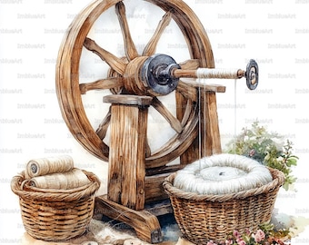 23 imágenes prediseñadas de ruecas vintage, rueca antigua en acuarela, JPG imprimible a 300 DPI, herramienta para manualidades con fibras, álbum de recortes, diario creativo.