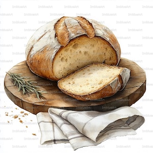 Puede incluir: Ilustración en acuarela de una hogaza de pan, parcialmente cortada, sobre una tabla de cortar de madera. Una rebanada de pan descansa junto a la hogaza. Una ramita de romero y una servilleta de lino doblada completan la escena. El pan tiene una corteza dorada.