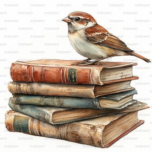 Puede incluir: Ilustración en acuarela de un pequeño pájaro posado sobre una pila de libros antiguos. El pájaro tiene plumas marrones y blancas. Los libros son de varios tamaños y colores, con cubiertas envejecidas y texturizadas. La imagen tiene un aspecto vintage y artístico.