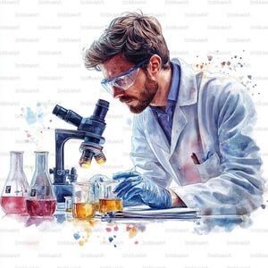 Puede incluir: Ilustración en acuarela de un científico con bata de laboratorio y gafas de seguridad, examinando un microscopio. Hay vasos de precipitados y frascos con líquidos sobre la mesa. La imagen tiene un estilo de acuarela con salpicaduras coloridas.