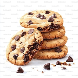 May include: A watercolour illustration of chocolate chip cookies. One cookie is partially eaten, revealing a dark chocolate interior. The cookies are golden brown with dark chocolate chips. The image is set against a white background.