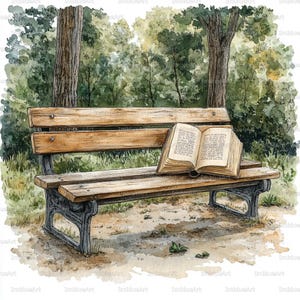May include: Watercolor painting of a park bench with an open book. The bench is made of wood and has a dark metal frame. The background features trees and foliage, creating a serene outdoor scene.