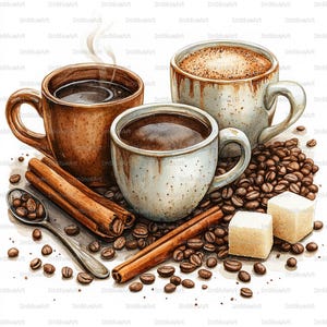 May include: Watercolor illustration of three coffee mugs filled with dark coffee. Cinnamon sticks, coffee beans, sugar cubes, and a spoon with coffee beans are arranged around the mugs. Steam rises from one mug.