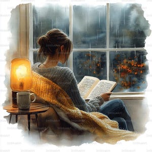 May include: Watercolor painting of a person reading a book by a window. The person is wrapped in a yellow blanket, with a lit lamp and mug on a side table. The window shows a rainy scene with a dark sky.