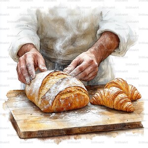 Könnte beinhalten: Aquarellillustration eines Bäckers, der Mehl auf einen Brotlaib stäubt. Ein großer, knuspriger Laib und zwei Croissants liegen auf einem Holzbrett. Der Bäcker trägt eine weiße Schürze.