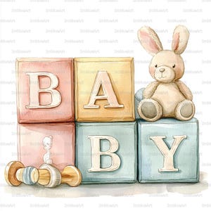 Pode incluir: Ilustração em aquarela de blocos de bebê com a palavra "BABY", um coelho de pelúcia e uma chocalho. Os blocos são rosa pastel, amarelo e azul. O coelho é bege com orelhas longas. Um chocalho de madeira está em primeiro plano.