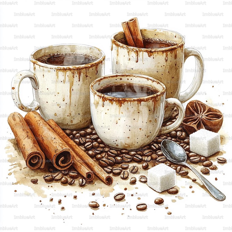 May include: Watercolor illustration of three coffee mugs filled with dark liquid, surrounded by coffee beans, cinnamon sticks, and sugar cubes. A small spoon and star anise are also present. The mugs have a rustic, dripped design.