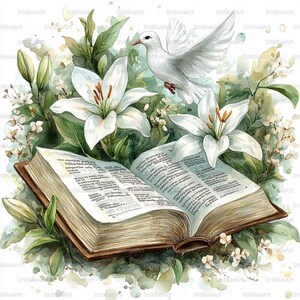 Op de afbeelding: Waterverfillustratie met een open boek met tekst, omringd door witte lelies en groen gebladerte. Een witte duif met uitgespreide vleugels zweeft boven het boek, wat een serene en spirituele scène creëert.