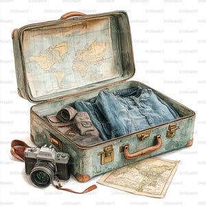 Puede incluir: Una maleta vintage abierta, de color turquesa, con un mapa del mundo en el interior y ropa vaquera. Una cámara y un mapa evocan el viaje.