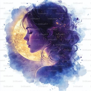 May include: A watercolour painting depicting a woman in profile with closed eyes, set against a golden moon. The artwork features a dreamy, celestial theme with shades of purple, blue, and gold. The woman's hair is styled in an updo.
