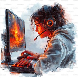 Puede incluir: Impresión de arte digital de una persona con auriculares, concentrada en una pantalla de ordenador que muestra una escena de fuego. La persona está usando un teclado y un ratón. La obra de arte tiene un estilo de acuarela con tonos rojos y naranjas.