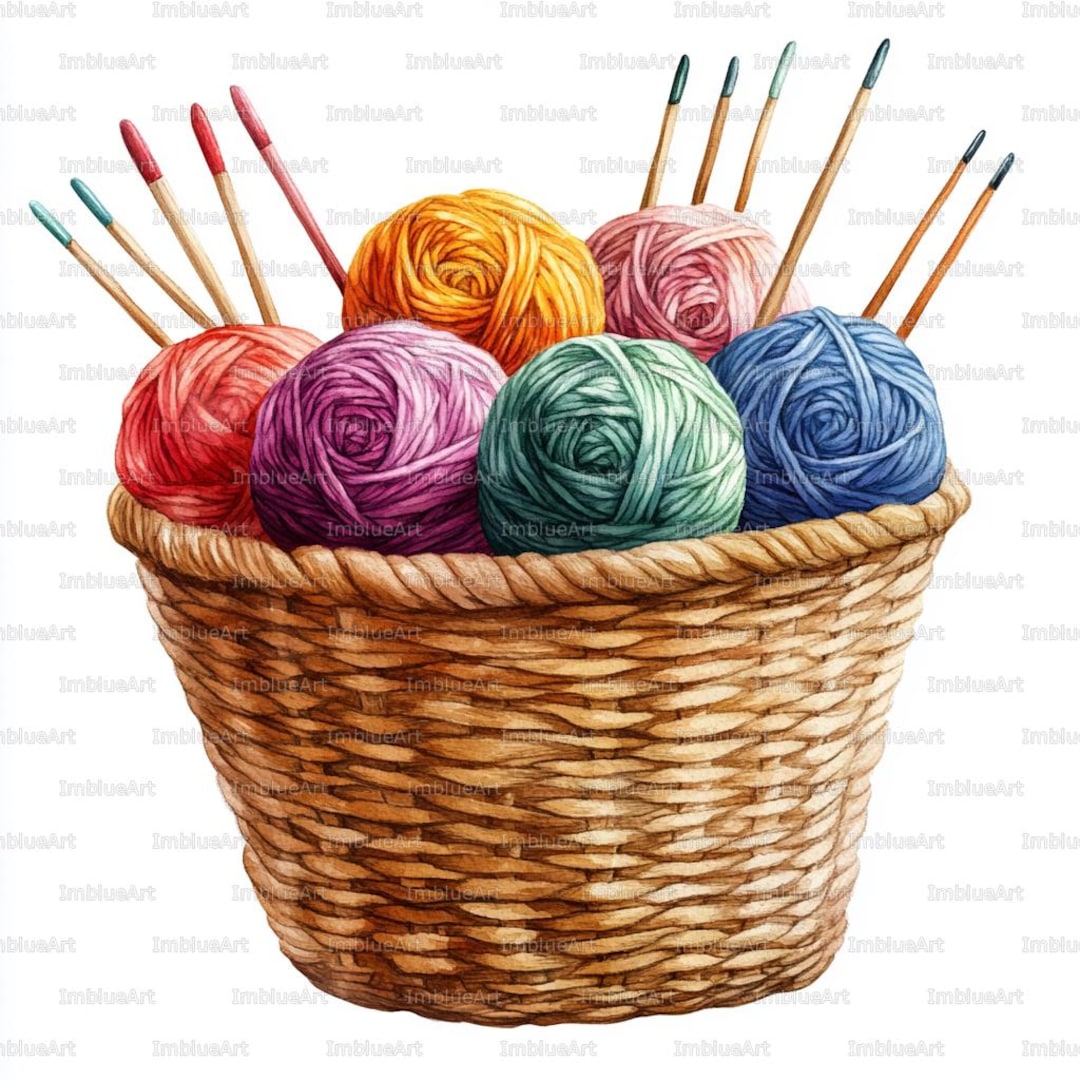 24 Yarn Basket Clipart, Knitting Supplies Collection, Watercolor ...